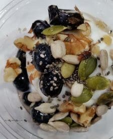 Yogurt with fruit, nuts, seeds for snacking
